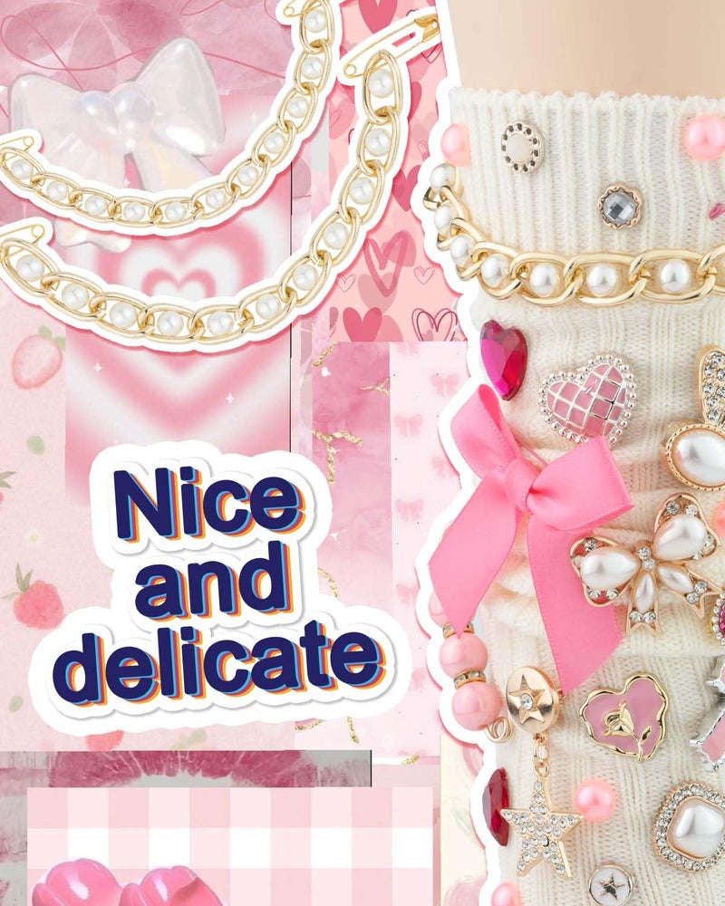 DoDoBeads 87 Pcs Junk Socks Charms Kit, Gold and Pink Charms for Socks, Brooches and Pins for Women, ShoeCharms with Bows, Sneakers DIY Kit with Pearls Rhinestones Chains - Image 2
