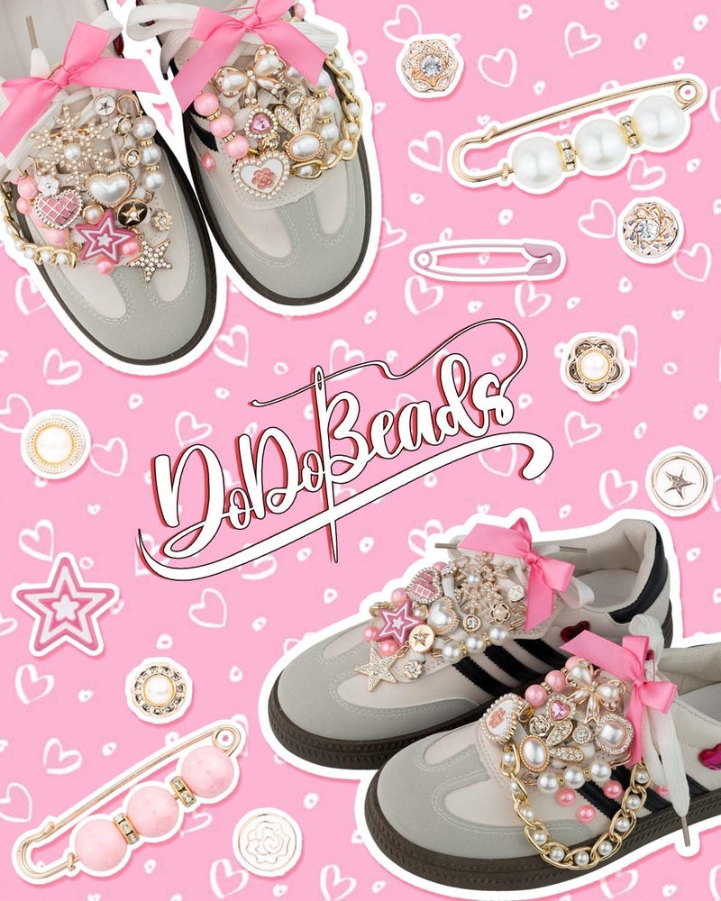DoDoBeads 87 Pcs Junk Socks Charms Kit, Gold and Pink Charms for Socks, Brooches and Pins for Women, ShoeCharms with Bows, Sneakers DIY Kit with Pearls Rhinestones Chains - Image 3