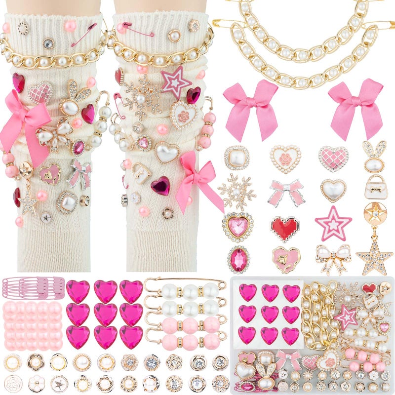 DoDoBeads 87 Pcs Junk Socks Charms Kit, Gold and Pink Charms for Socks, Brooches and Pins for Women, ShoeCharms with Bows, Sneakers DIY Kit with Pearls Rhinestones Chains - Image 1
