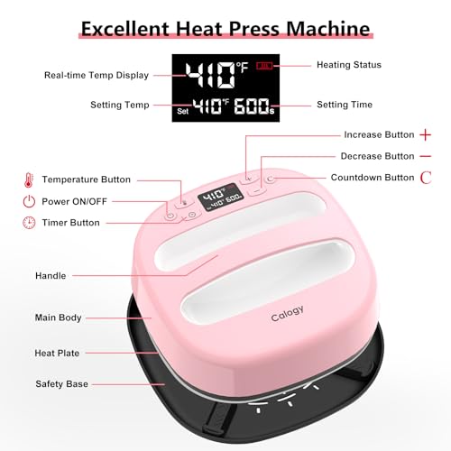 Calogy Heat Press Machine for T-Shirts 10"X10", Portable Heat Press Fast Up to 410℉(210 ºC), Precise Temp Control, 15 Mins Auto Off for Bag, Pillows Sublimation Vinly Transfer(Pink White, 10 x 10 in) - Image 5