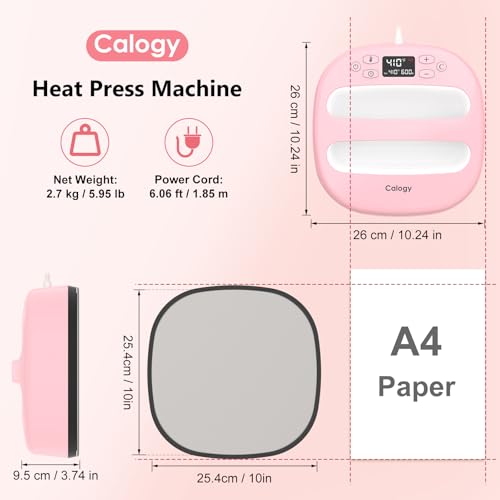 Calogy Heat Press Machine for T-Shirts 10"X10", Portable Heat Press Fast Up to 410℉(210 ºC), Precise Temp Control, 15 Mins Auto Off for Bag, Pillows Sublimation Vinly Transfer(Pink White, 10 x 10 in) - Image 2