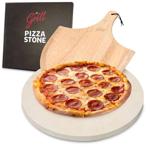 HANS GRILL PIZZA STONE | Circular Pizza Stone For Oven Baking & BBQ Grilling With Free Wooden Peel | Extra Large Round 15" Inches Diameter (38CM) Durable Cordierite Cooking Stone. - Image 1