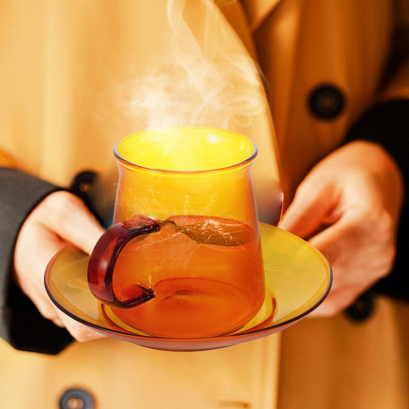 Vintage Amber Glass Coffee Cup And Saucer Set 300Ml Heat Resistant Retro Tea Set - Image 4