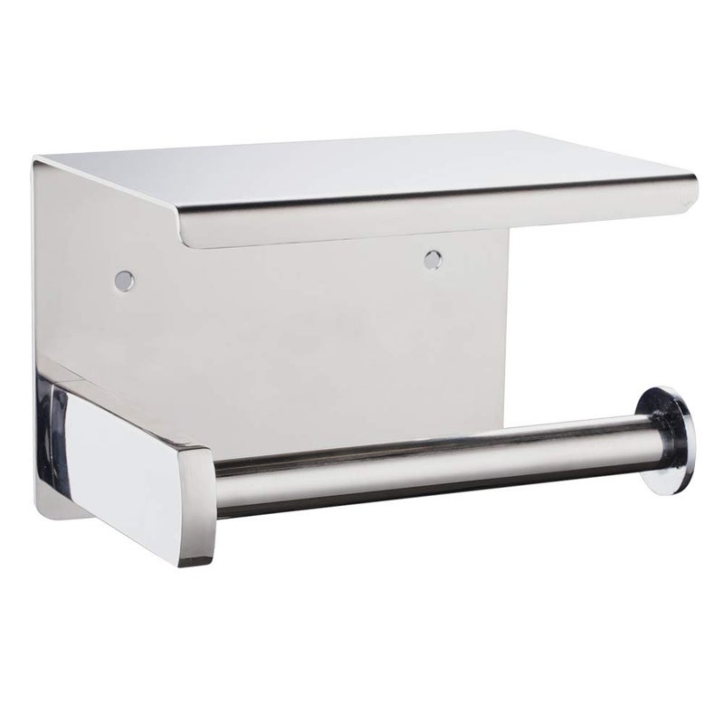 Toilet Paper Holder with Shelf Wall Mounted Adhesive Toilet Paper Roll Holder Stainless Steel Tissue Roll Dispenser Storage Adhesive No Drilling Or Drilling with Screws Polished Chrome