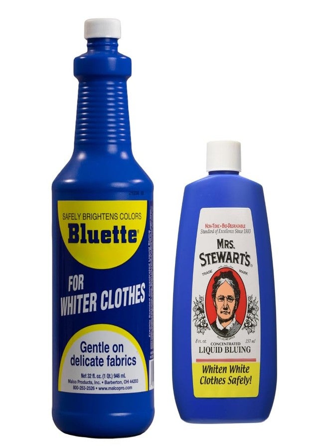 Mrs. Stewart's Bluing 8oz + Bluette Laundry Bluing 32oz Bundle - Restores Whiteness & Brightness for Your Laundry, Safe & Gentle on Fabrics, Eco-Friendly Fabric Whitener for All Laundry Types