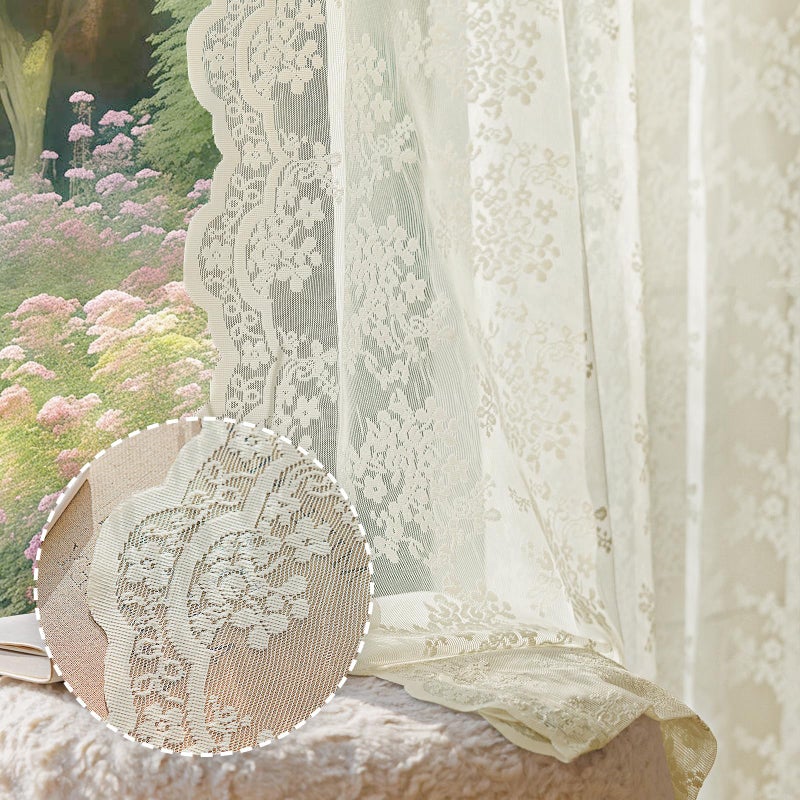 Anmao Vintage Lace Curtains 90 Inches Long 2 Panels  Romantic Semi Sheer Floral Lacy Curtains for Living Room  Elegant Window Drapes for Bedroom with Bow Curtain Ties  55 Inch Wide Each Panel  Ivory - Image 3