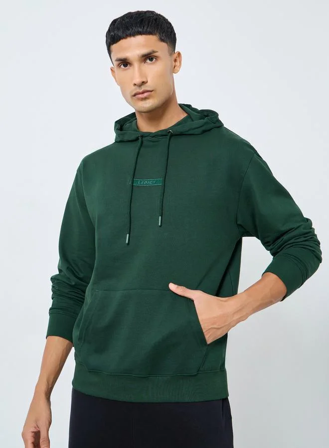 Styli Men Embroidered Green Relaxed Fit Hoodie