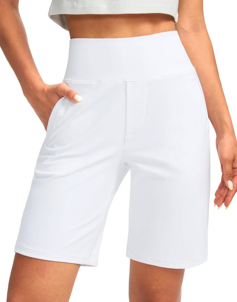 SANTINY Women's 9" High Waisted Bermuda Shorts with 4 Pockets Knee Length Long Shorts for Women Workout Athletic Casual(White_M) - Image 1