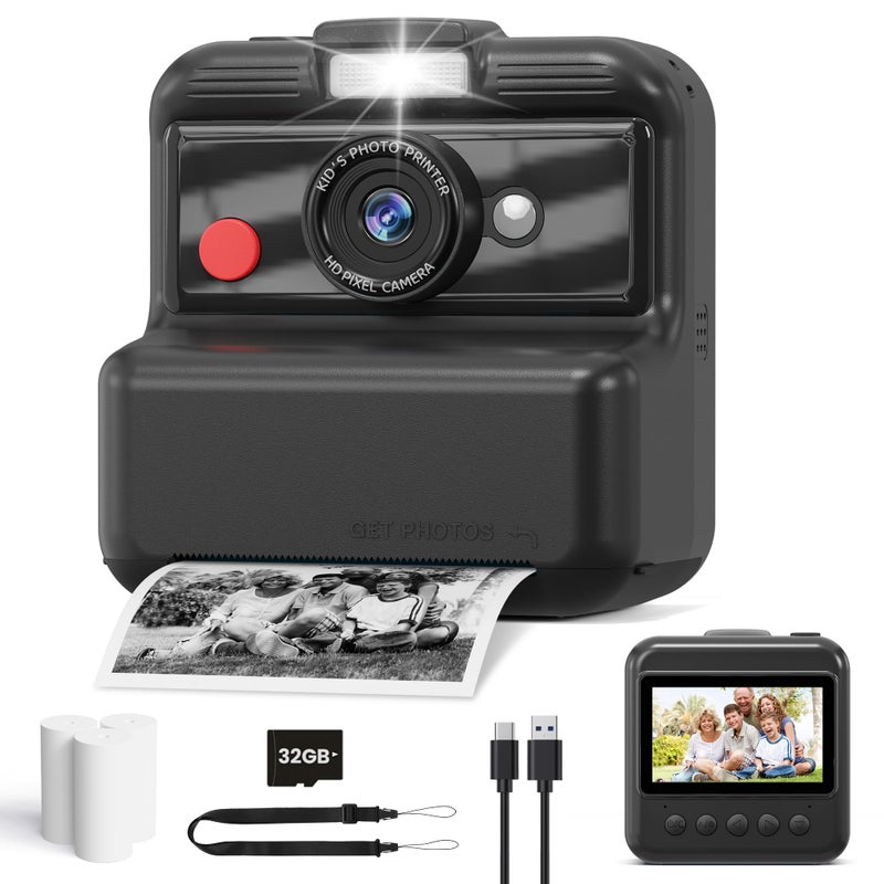 CAMCLID Kids Camera Instant Print 48MP25K UHD Kids Instant Print Camera Christmas Birthday Gifts for Girls and Boys 30 Screen with Print Paper 32G Card Toddler Toy for Age 314 Black - Image 2