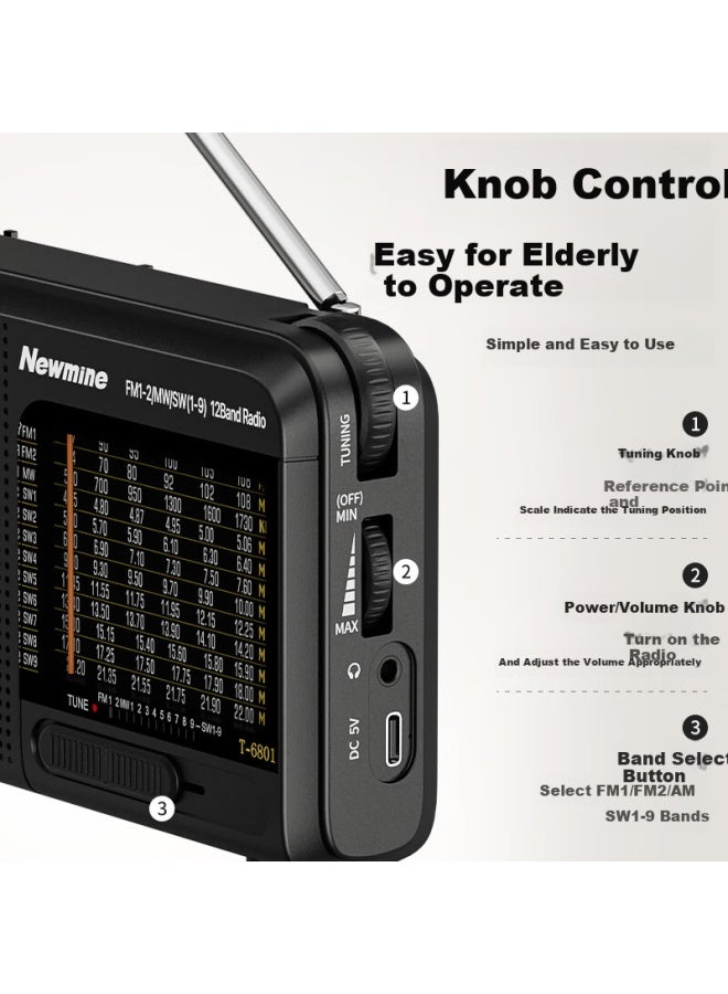 Newmine T-6801 Multi-band Semiconductor Radio Elderly Dedicated Opera Player Rechargeable Portable Mini With Headphone Jack - Image 2