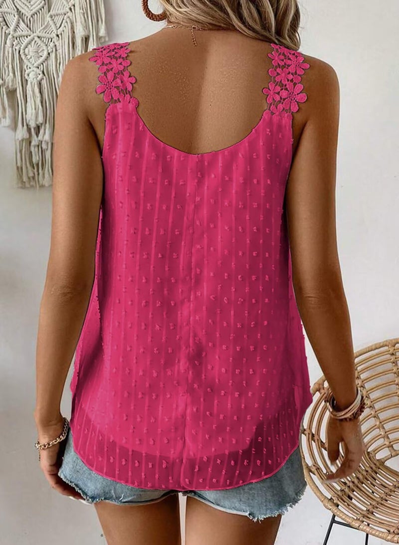 Falechay Lace Camisole Tops for Women Dressy Casual Crew Neck Top Summer Tank Top for Women 2026 Flowy Sleeveless Shirts Bohemian Blouses Hot Pink Plus Size Maternity XL - Image 3