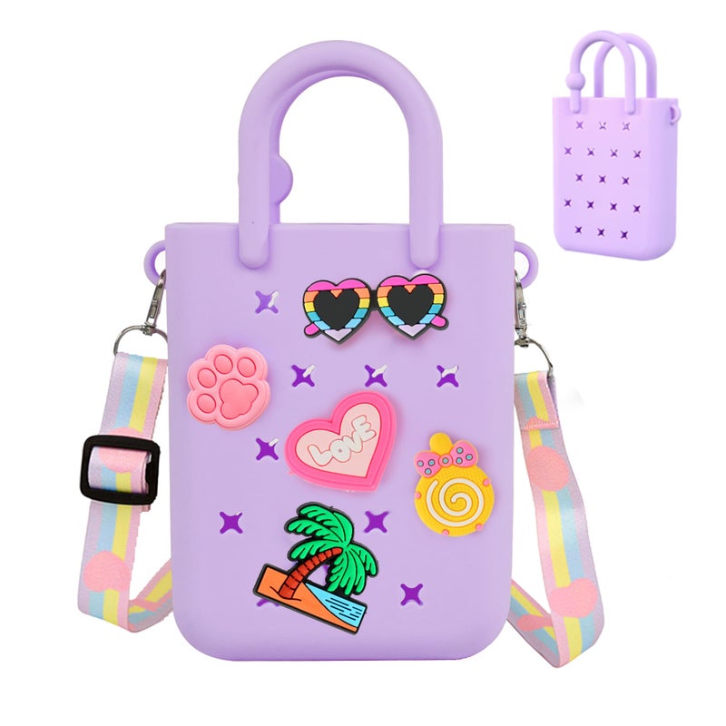 Oudizz Mini Rubber Tote Bag, EVA Waterproof Beach Tote for Little Girls And Woman, Silicone Hole Small Bag for Travel Outdoor, Cute Rubber Beach Bag with 20 Charms & Adjustable Shoulder Strap - Image 1