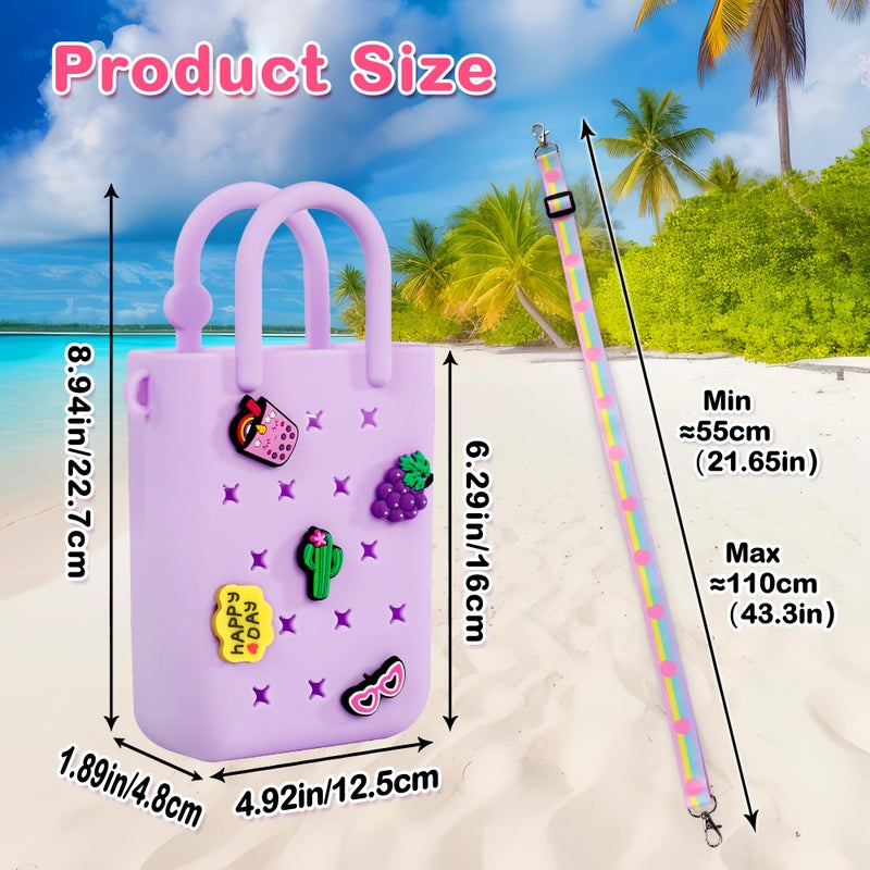 Oudizz Mini Rubber Tote Bag, EVA Waterproof Beach Tote for Little Girls And Woman, Silicone Hole Small Bag for Travel Outdoor, Cute Rubber Beach Bag with 20 Charms & Adjustable Shoulder Strap - Image 4