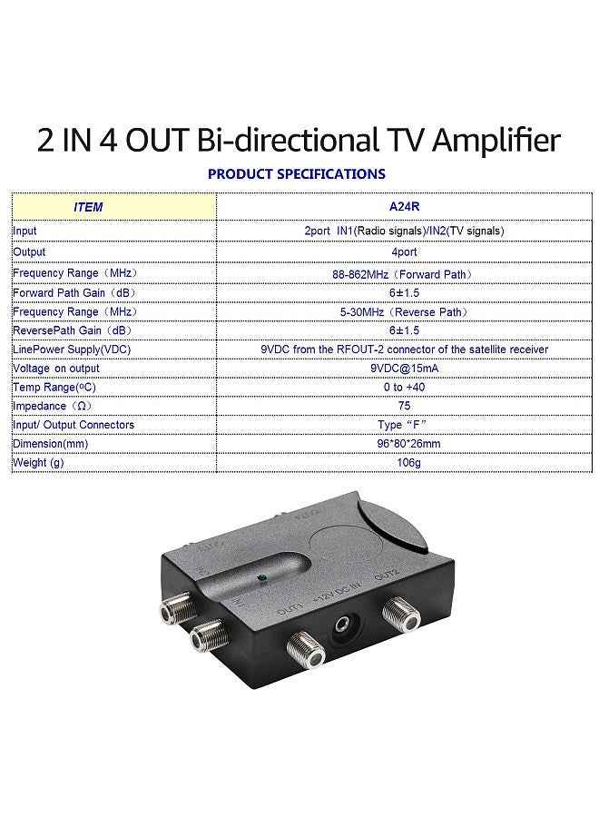 Bi-directional TV Amplifier 2 Inputs TV Antenna Signal Booster with 4 Outputs Low Noise TV Signal Splitter Antenna Signal Booster with Reverse Path
