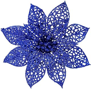 Supla 24 Pack Christmas Blue Glitter Poinsettia Flowers Picks Christmas Tree Ornaments 5.9" Wide for Blue Christmas - Image 1