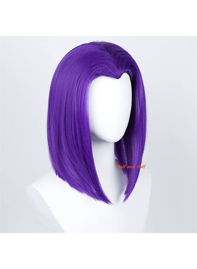 Half and Half Uniquebe Raven Cosplay Wig Short Purple Straight Bob Cos Wigs 14 Inch Women Girls Shoulder Length Synthetic Hair Wigs Anime Role Playing Props for Halloween Costume Dress Up Party - Image 3