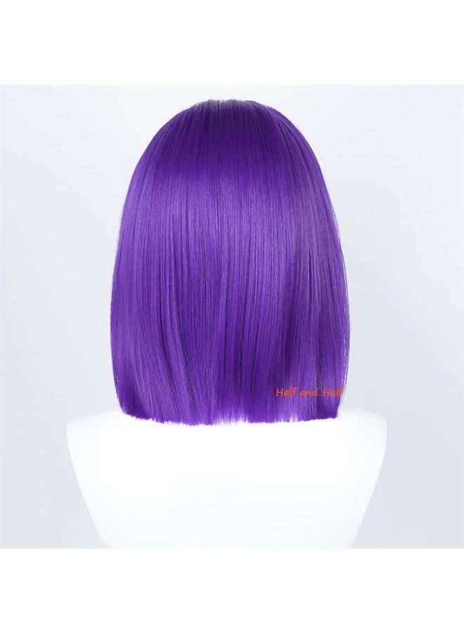 Half and Half Uniquebe Raven Cosplay Wig Short Purple Straight Bob Cos Wigs 14 Inch Women Girls Shoulder Length Synthetic Hair Wigs Anime Role Playing Props for Halloween Costume Dress Up Party - Image 5