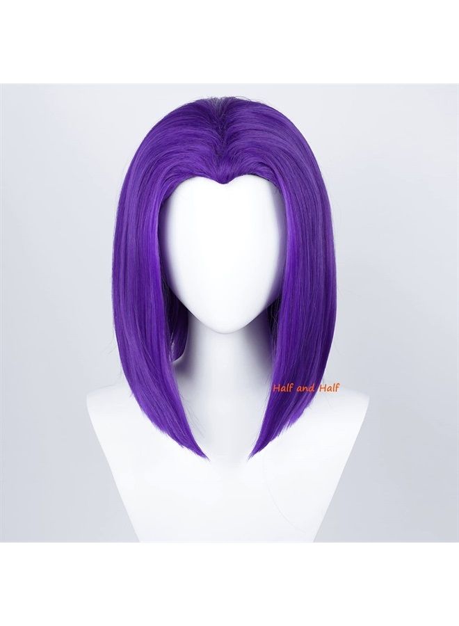 Half and Half Uniquebe Raven Cosplay Wig Short Purple Straight Bob Cos Wigs 14 Inch Women Girls Shoulder Length Synthetic Hair Wigs Anime Role Playing Props for Halloween Costume Dress Up Party - Image 2