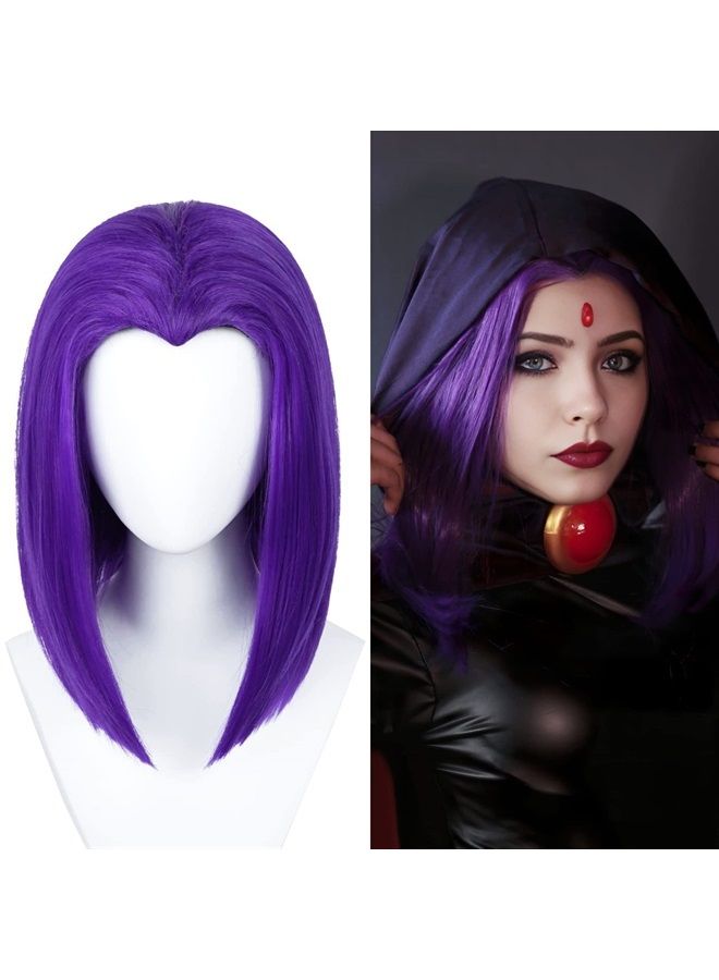 Half and Half Uniquebe Raven Cosplay Wig Short Purple Straight Bob Cos Wigs 14 Inch Women Girls Shoulder Length Synthetic Hair Wigs Anime Role Playing Props for Halloween Costume Dress Up Party - Image 1