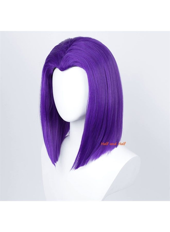 Half and Half Uniquebe Raven Cosplay Wig Short Purple Straight Bob Cos Wigs 14 Inch Women Girls Shoulder Length Synthetic Hair Wigs Anime Role Playing Props for Halloween Costume Dress Up Party - Image 4