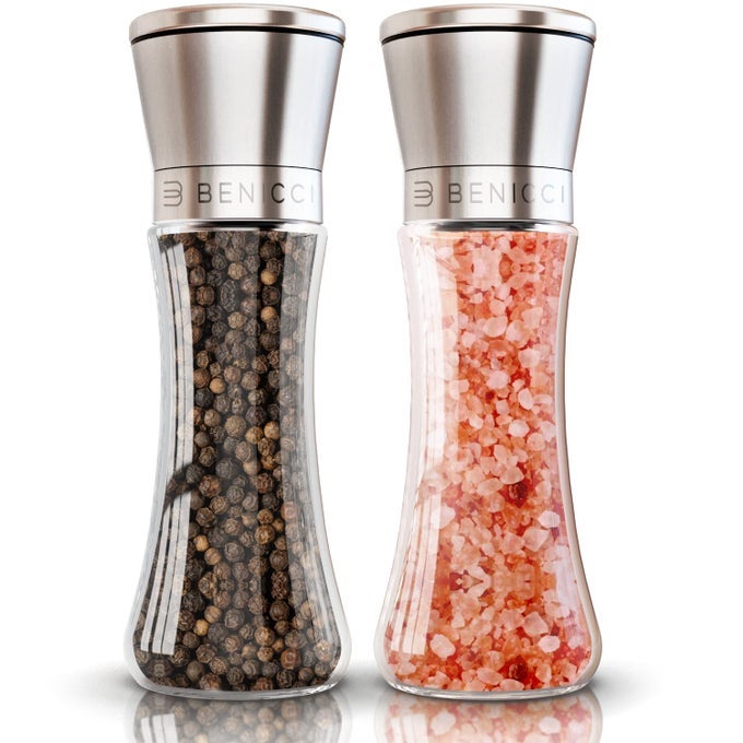 PREMIUM SALT AND PEPPER GRINDER SET OF 2 TWO REFILLABLE STAINLESS STEEL SEA SALT SPICE SHAKERS WITH ADJUSTABLE COARSE MILLS EASY CLEAN CERAMIC GRINDERS WBONUS SILICONE FUNNEL CLEANING BRUSH