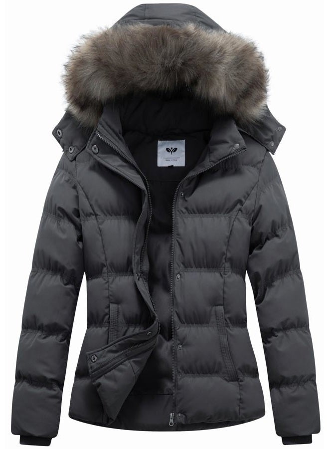 GGleaf Women's Plus Size Hooded Warm Winter Coat Quilted Thicken Puffer Jacket with Removable Fur Hood Dark Grey 3X - Image 1