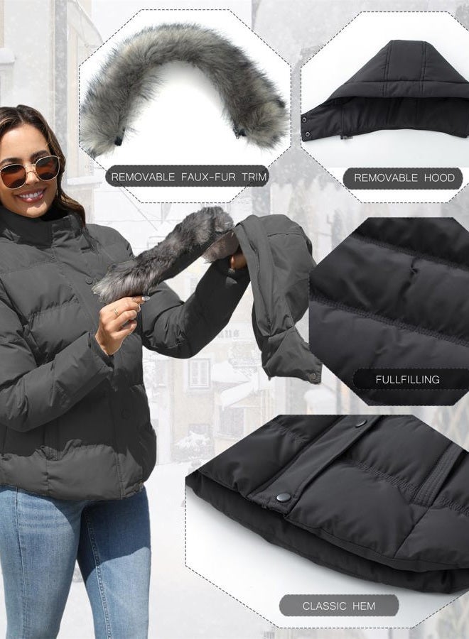 GGleaf Women's Plus Size Hooded Warm Winter Coat Quilted Thicken Puffer Jacket with Removable Fur Hood Dark Grey 3X - Image 4