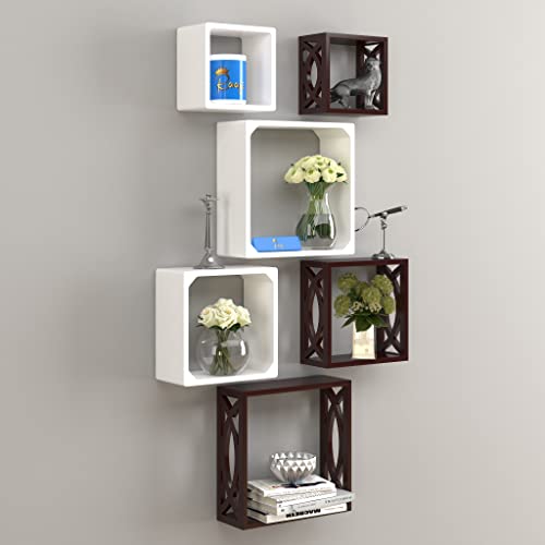 Raafi Wooden Square Nesting Floating Wall Shelves (Set of 6, Brown & White) (Brown & White) - Image 1