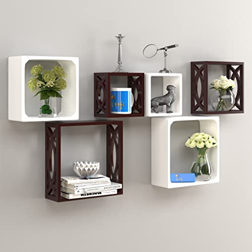 Raafi Wooden Square Nesting Floating Wall Shelves (Set of 6, Brown & White) (Brown & White) - Image 2