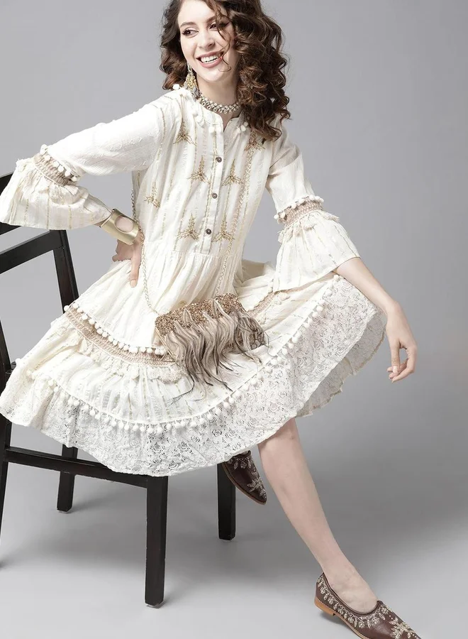 آي شين ISHIN Pom Pom Trim Lace Detail Knee Length Dress