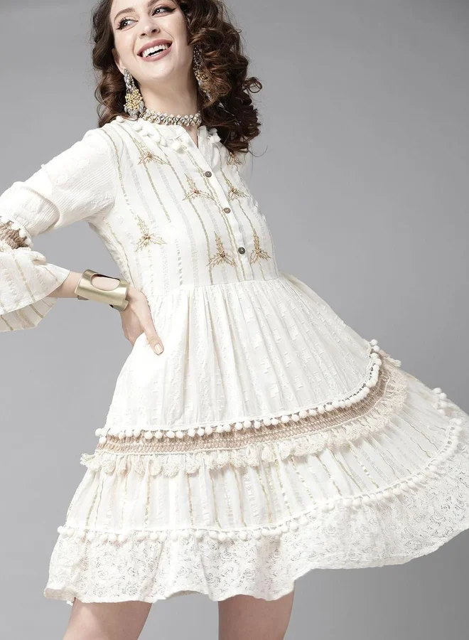 آي شين ISHIN Pom Pom Trim Lace Detail Knee Length Dress