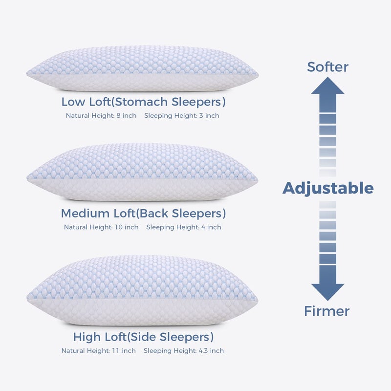 OSBED Shredded Memory Foam Pillows Queen Size Set of 2, Cooling Pillows for Sleeping 2 Pack, Adjustable Loft Bed Firm or Soft Pillows for Side, Back, Stomach, Hot Sleepers (20"x 30") - Image 3