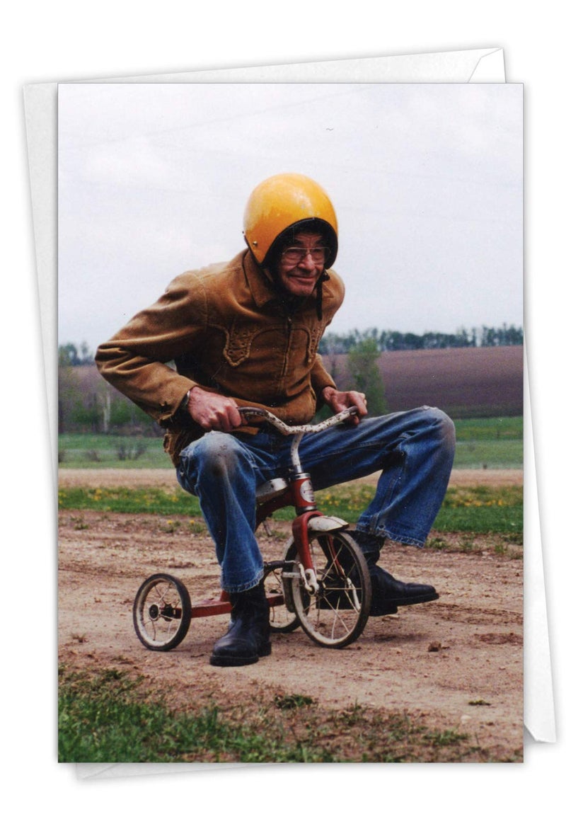 NobleWorks - 1 Happy Birthday Card with Envelope - Funny Photos, Birthday Humor Notecard - Senior Trike Ride C6435BDG - Image 1