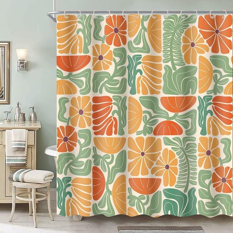 DeeCabin Boho Abstract Colorful Floral Shower Curtain, Vintage Retro Patchwork Orange Green Flower Botanical Geometric Aesthetic Groovy Bathroom Decor Shower Curtain Set with 12 Hooks, 70X70IN - Image 2