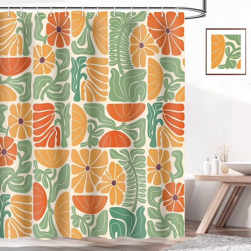 DeeCabin Boho Abstract Colorful Floral Shower Curtain, Vintage Retro Patchwork Orange Green Flower Botanical Geometric Aesthetic Groovy Bathroom Decor Shower Curtain Set with 12 Hooks, 70X70IN - Image 3