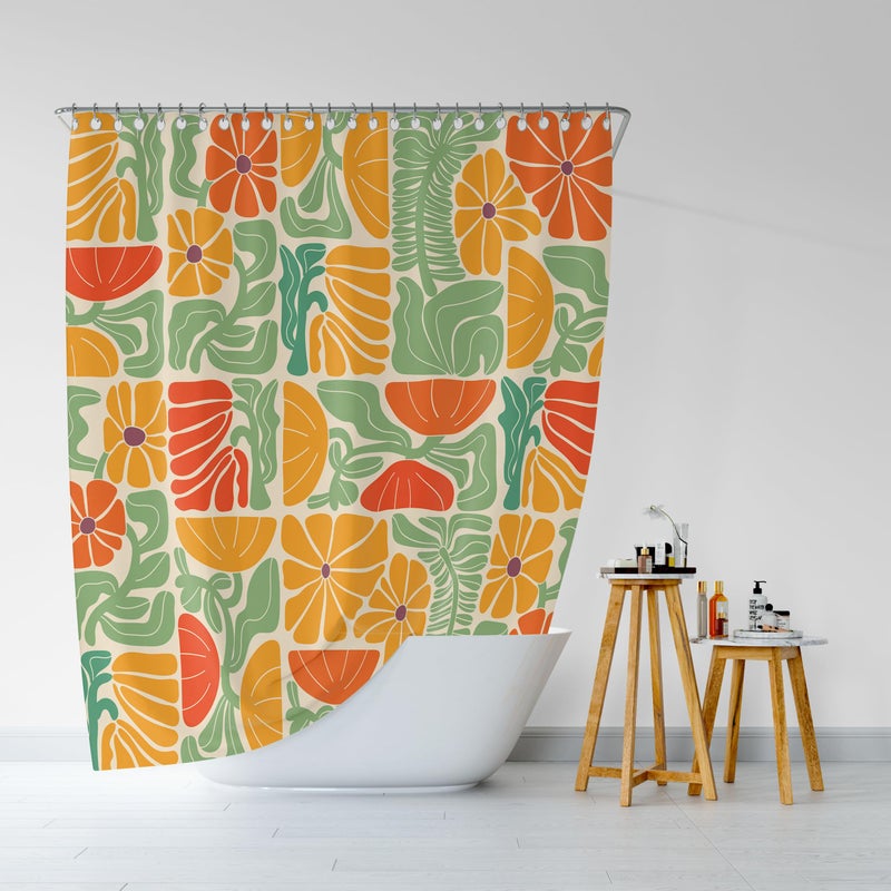 DeeCabin Boho Abstract Colorful Floral Shower Curtain, Vintage Retro Patchwork Orange Green Flower Botanical Geometric Aesthetic Groovy Bathroom Decor Shower Curtain Set with 12 Hooks, 70X70IN - Image 4