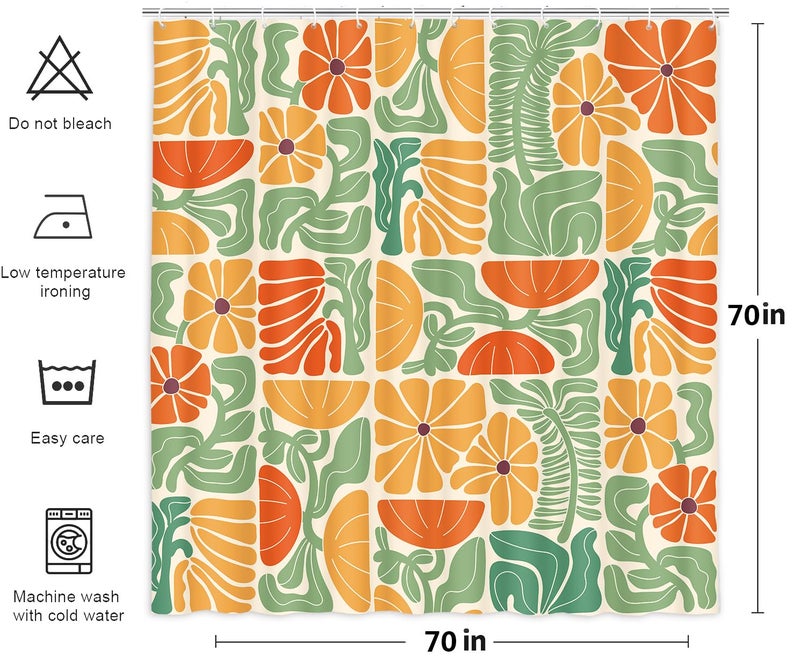 DeeCabin Boho Abstract Colorful Floral Shower Curtain, Vintage Retro Patchwork Orange Green Flower Botanical Geometric Aesthetic Groovy Bathroom Decor Shower Curtain Set with 12 Hooks, 70X70IN - Image 5