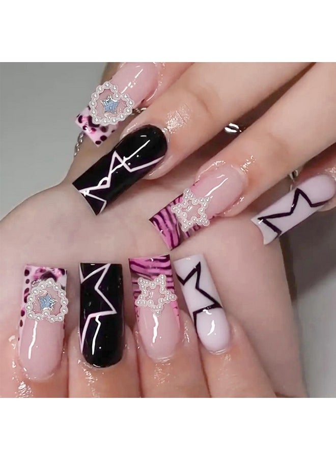 AEGYPIUS 24Pcs Star Press On Nails Star Pearl Heart Shape Press On Nails Y2K Nails Acrylic Press On Nails Pink And Black French Tip Almond Fake Nails Glue On Nails For Women (Star-Love)  - Image 1