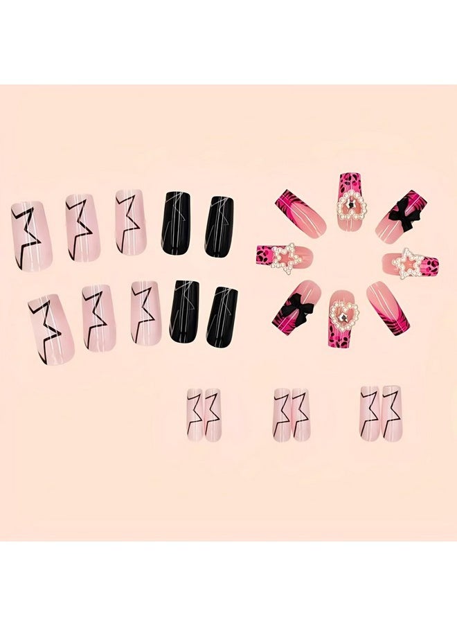 AEGYPIUS 24Pcs Star Press On Nails Star Pearl Heart Shape Press On Nails Y2K Nails Acrylic Press On Nails Pink And Black French Tip Almond Fake Nails Glue On Nails For Women (Star-Love)  - Image 4