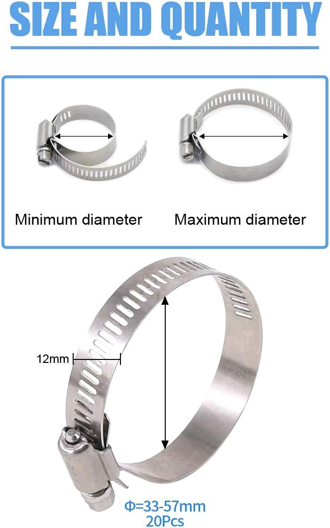 Glarks 20Pcs 304 Stainless Steel Adjustable 33-57MM Range Worm Gear Hose Clamps Assortment Kit, Fuel Line Clamp for Water Pipe, Plumbing, Automotive and Mechanical Application (33-57MM) - Image 2