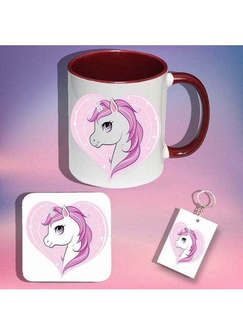 Unicorn Ceramic Red Mug With Coaster And Keychain