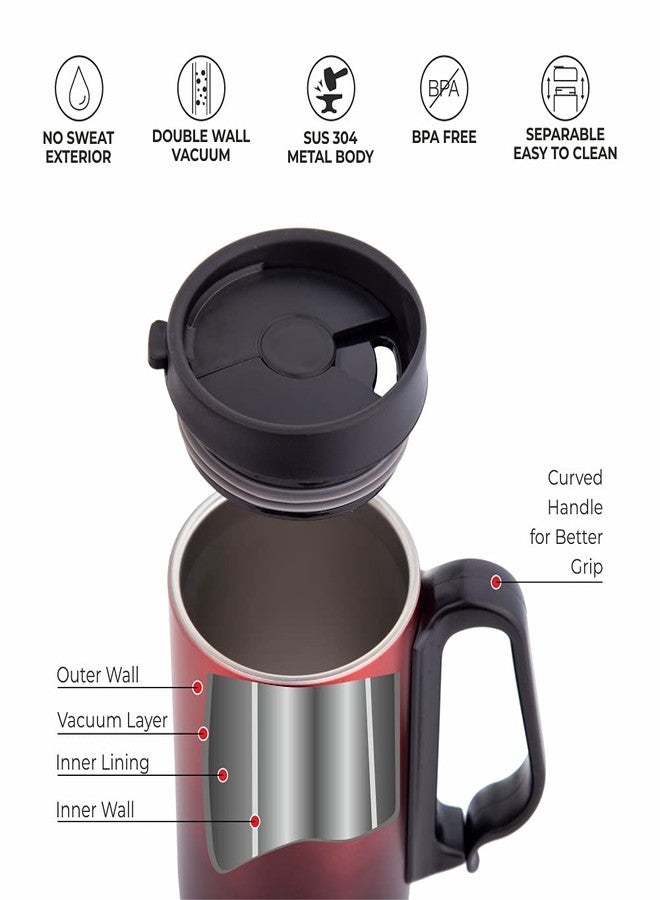 DUBBLIN Casa Stainless Steel Unbreakable Tea Coffee Mug Double Wall with Handle and Lid, Wide Mouth Mug Keeps Beverages Hot & Cold 270 ML Red - Image 2