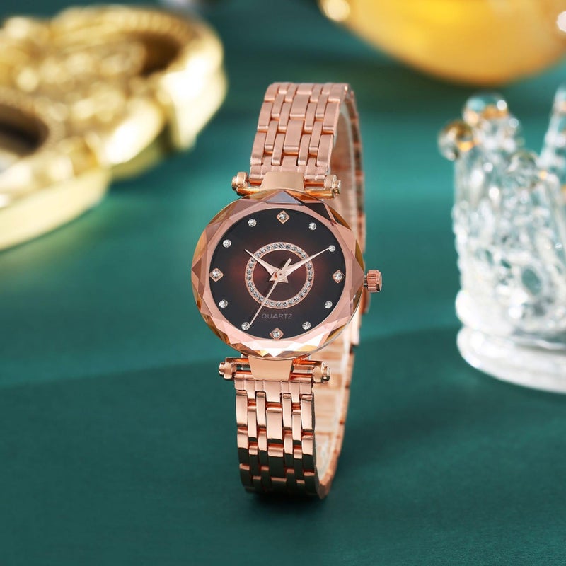 Reginald Women Watches with Bracelet Rose Gold for Lady Elegant Stainless Steel Strap Fashion Analog Creative Diamond Dial Wrist Watch (Rose Brown) - Image 5