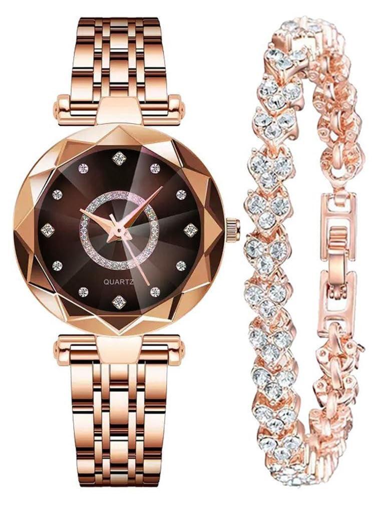 Reginald Women Watches with Bracelet Rose Gold for Lady Elegant Stainless Steel Strap Fashion Analog Creative Diamond Dial Wrist Watch (Rose Brown) - Image 1