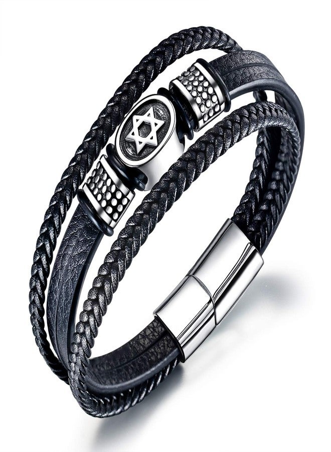 TEMICO Mens Black Leather Cuff Bracelet Multi-Layer Braided Leather Magen Star of David Bracelet Jewish Jewelry - Image 1