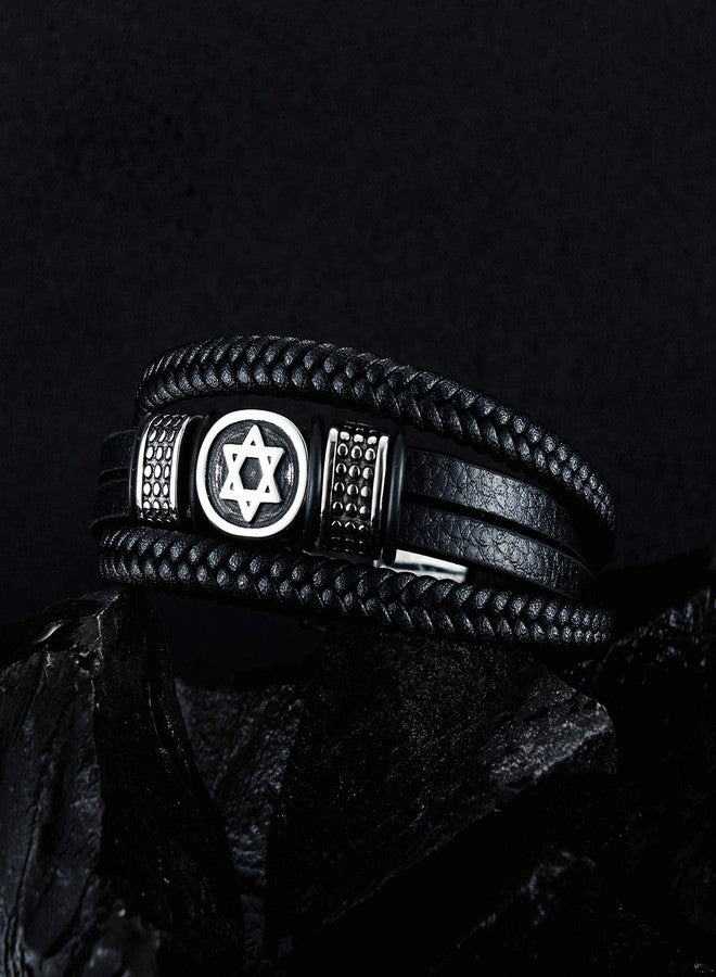 TEMICO Mens Black Leather Cuff Bracelet Multi-Layer Braided Leather Magen Star of David Bracelet Jewish Jewelry - Image 5