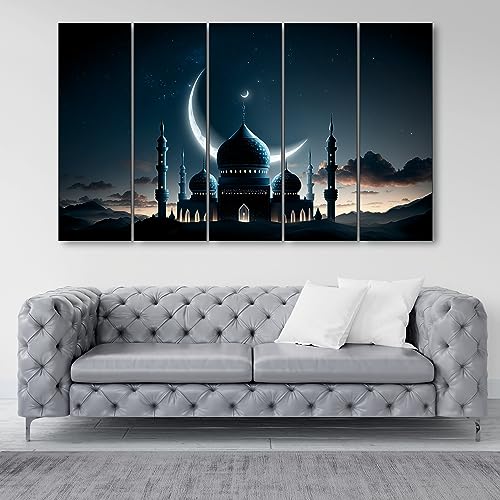 The Castle Decor ديكور القلعة الإسلامية مجموعة 5 إطارات كبيرة الحجم (27x48) فن جدار متعدد للغرفة المعيشية، غرفة النوم، غرفة الرسم، الفنادق - مؤطرة خشبية - لوحة رقمية - Image 1