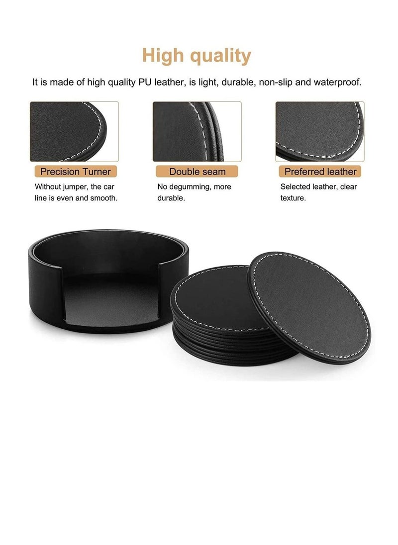 Excefore 6Pcs PU Leather Coasters with Holder for Drinks Heat Resistance Mats Coffee Coaster Protect Furniture for Holding Cups Sports Bottles Black  - Image 2