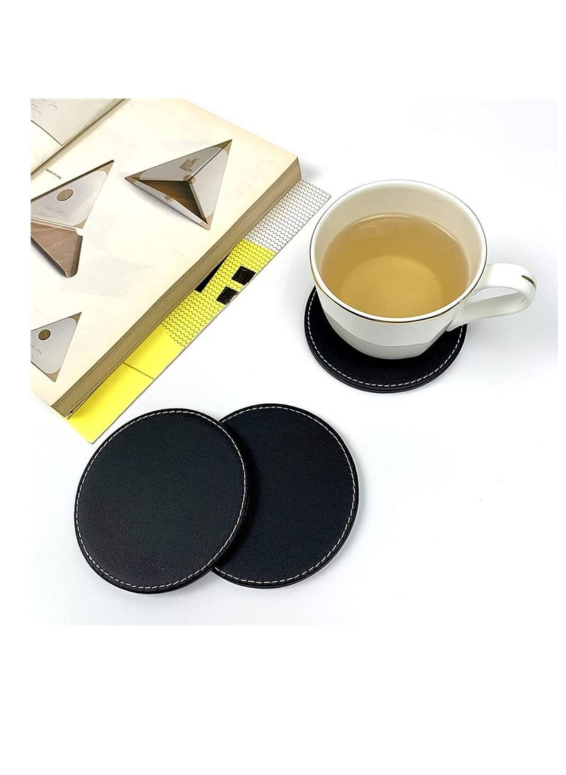 Excefore 6Pcs PU Leather Coasters with Holder for Drinks Heat Resistance Mats Coffee Coaster Protect Furniture for Holding Cups Sports Bottles Black  - Image 3