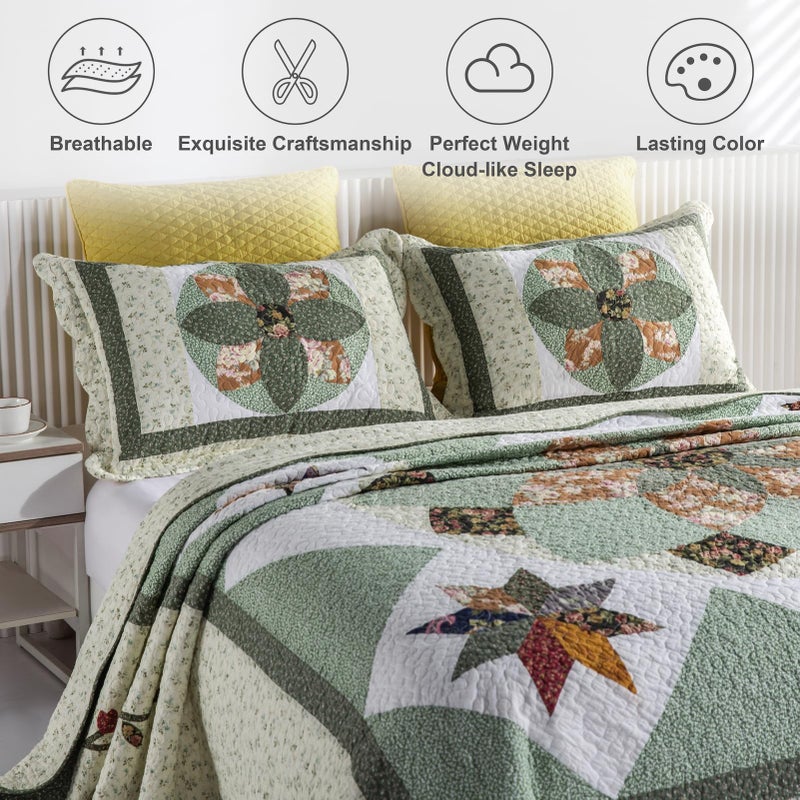 YAYIDAY Quilt King Size Patchwork Bedspread Set - 100% Cotton Reversible Breathable Green Earth Geometric Quilted Quilt with Pillow Shams for All Seasons - Image 3